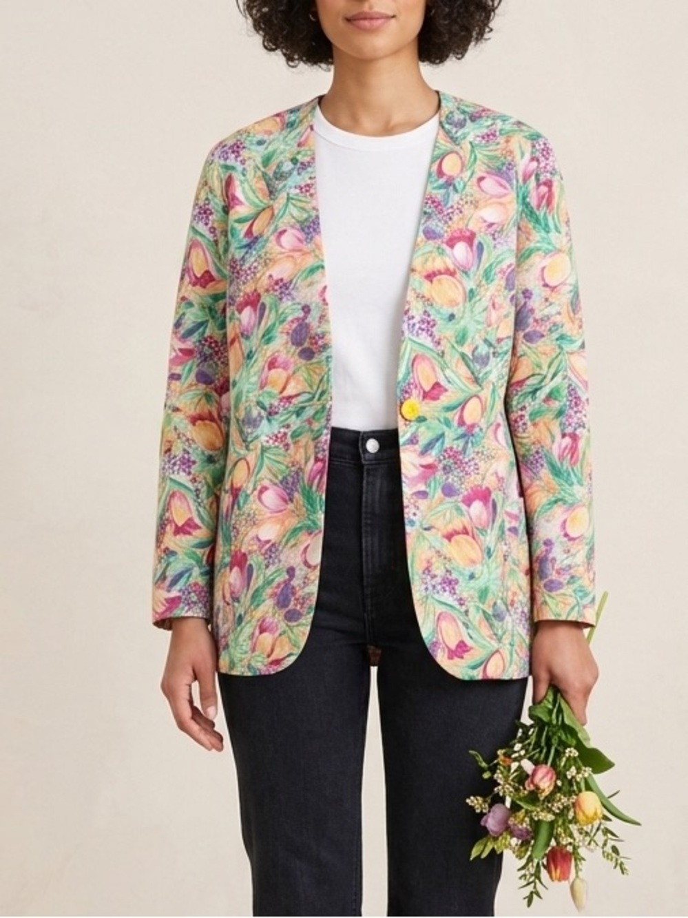 Vintage Handmade Floral Pastel Open-Front Blazer Jacket Size Medium